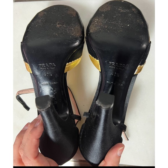 Prada Strappy Sandals black satin gold python heels 40.5 10.5 - Picture 7 of 11